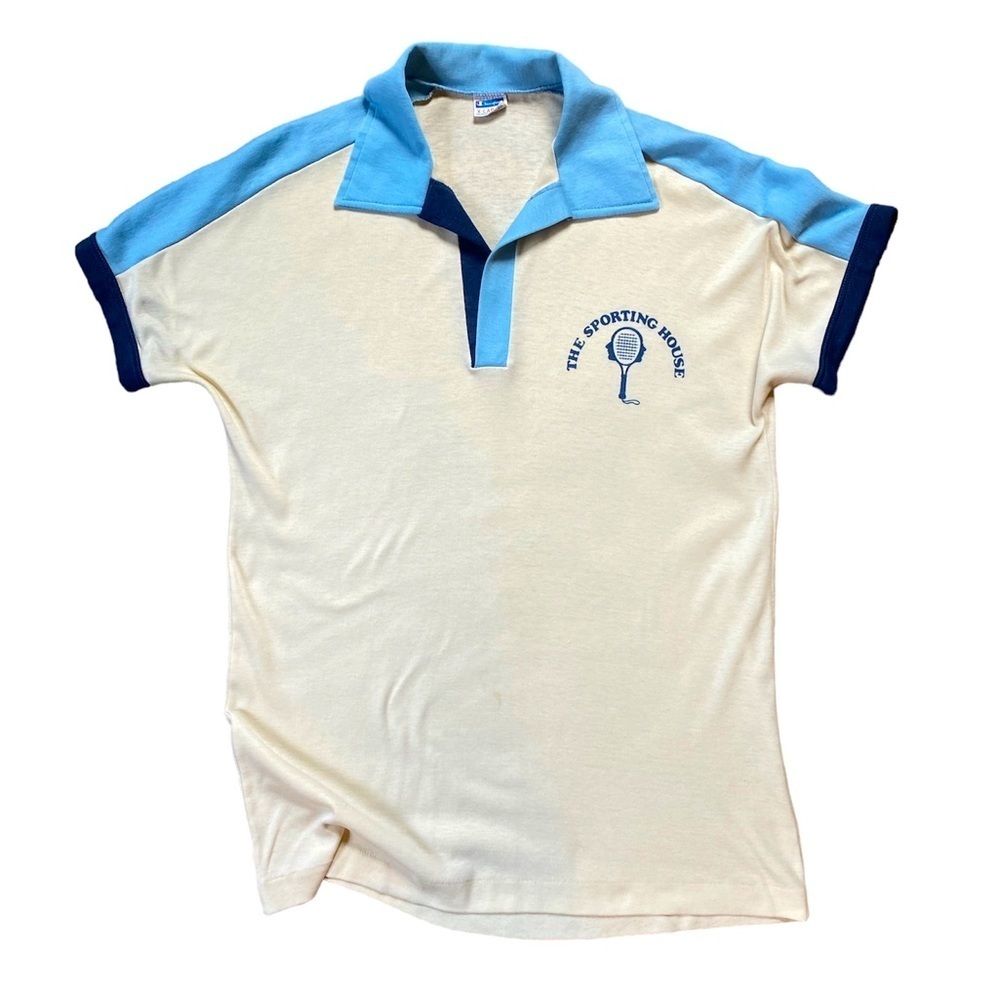 Vintage 1970s Champion “The Sporting House” Collared V Neck Ringer Tee